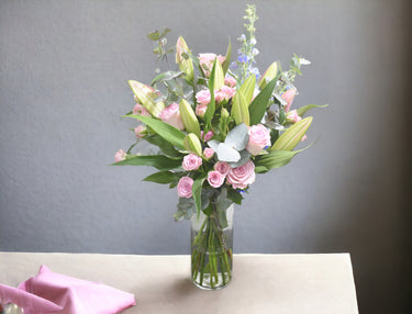 Pinky Garden, Classic Pink Lily, Rose Vase Bouquet, Eucalyptus Accents, Spray Rose, Rose Pink, Delphinium, Cylinder Vase